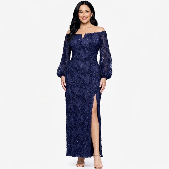 Xscape Elegant Long Sleeve Off Shoulder Navy Dress - Picture 4 of 7